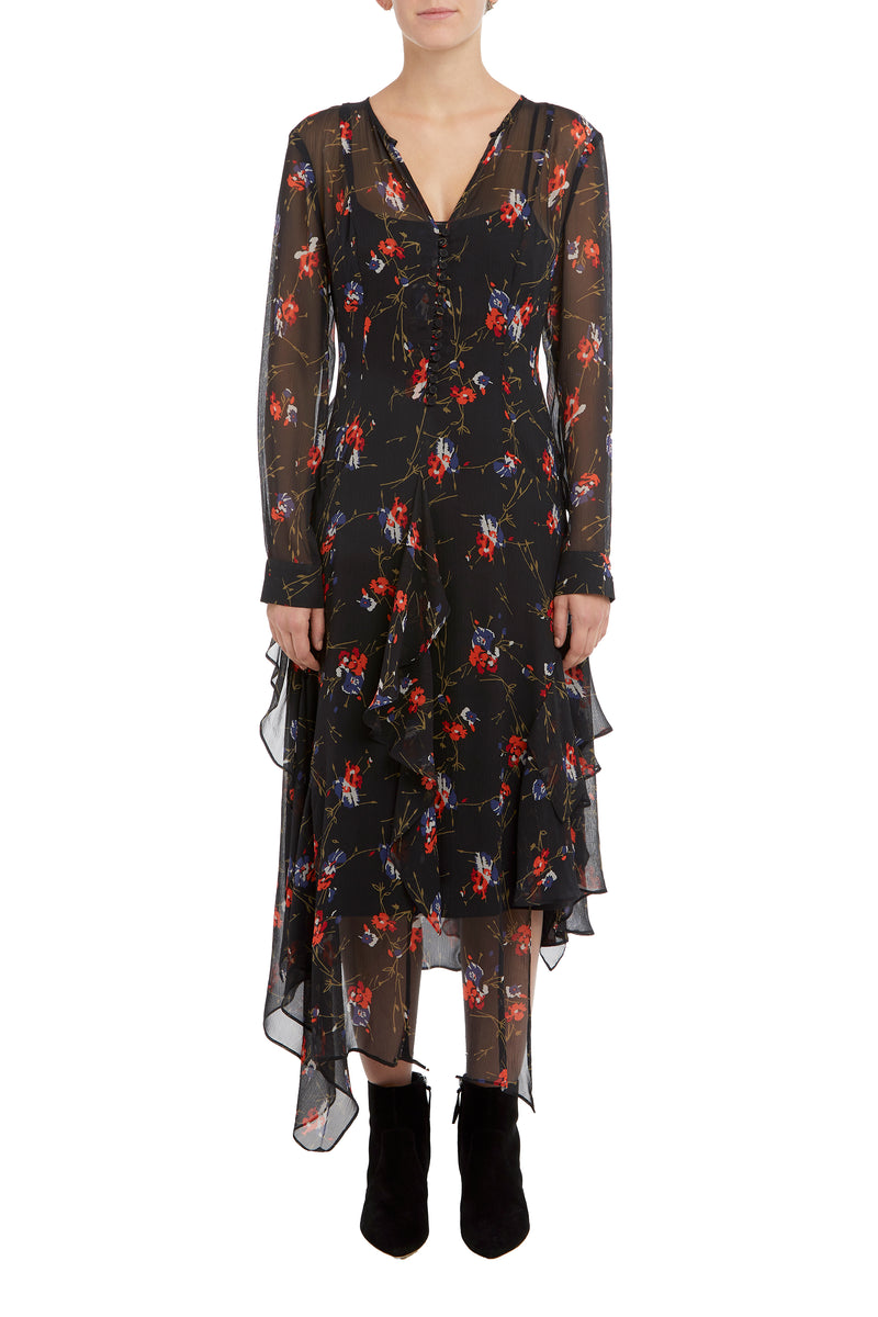 Black/Multi Gioia Ruffle Flare Silk Dress Nicole Farhi