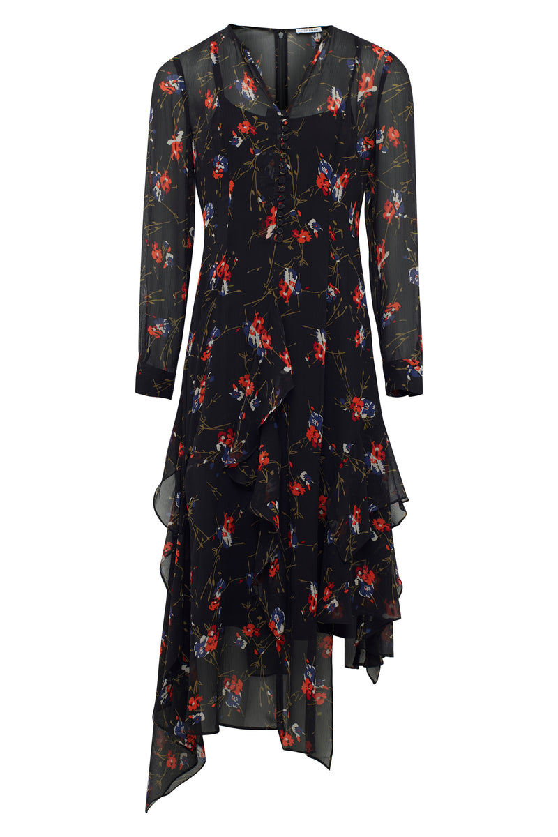 Black/Multi Gioia Ruffle Flare Silk Dress Nicole Farhi