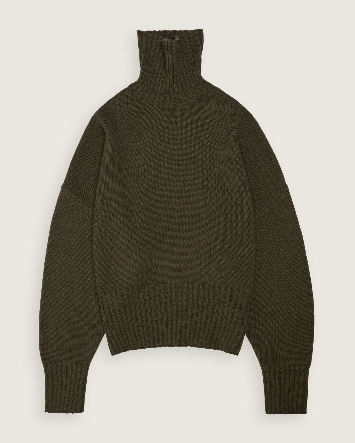 flat lay of the olive relaxed turtle neck sweater