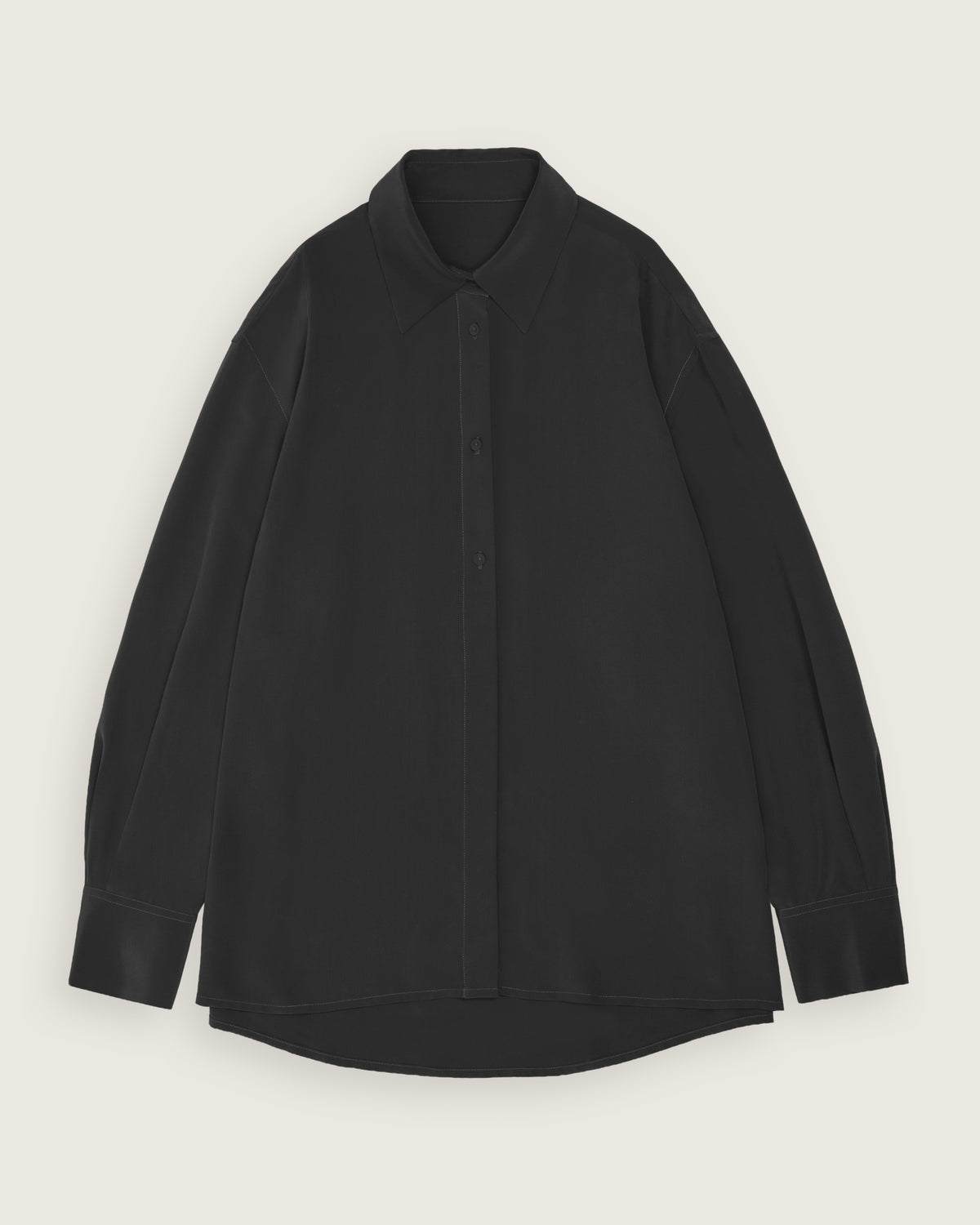 flat lay of the dark charcoal washed silk shirt