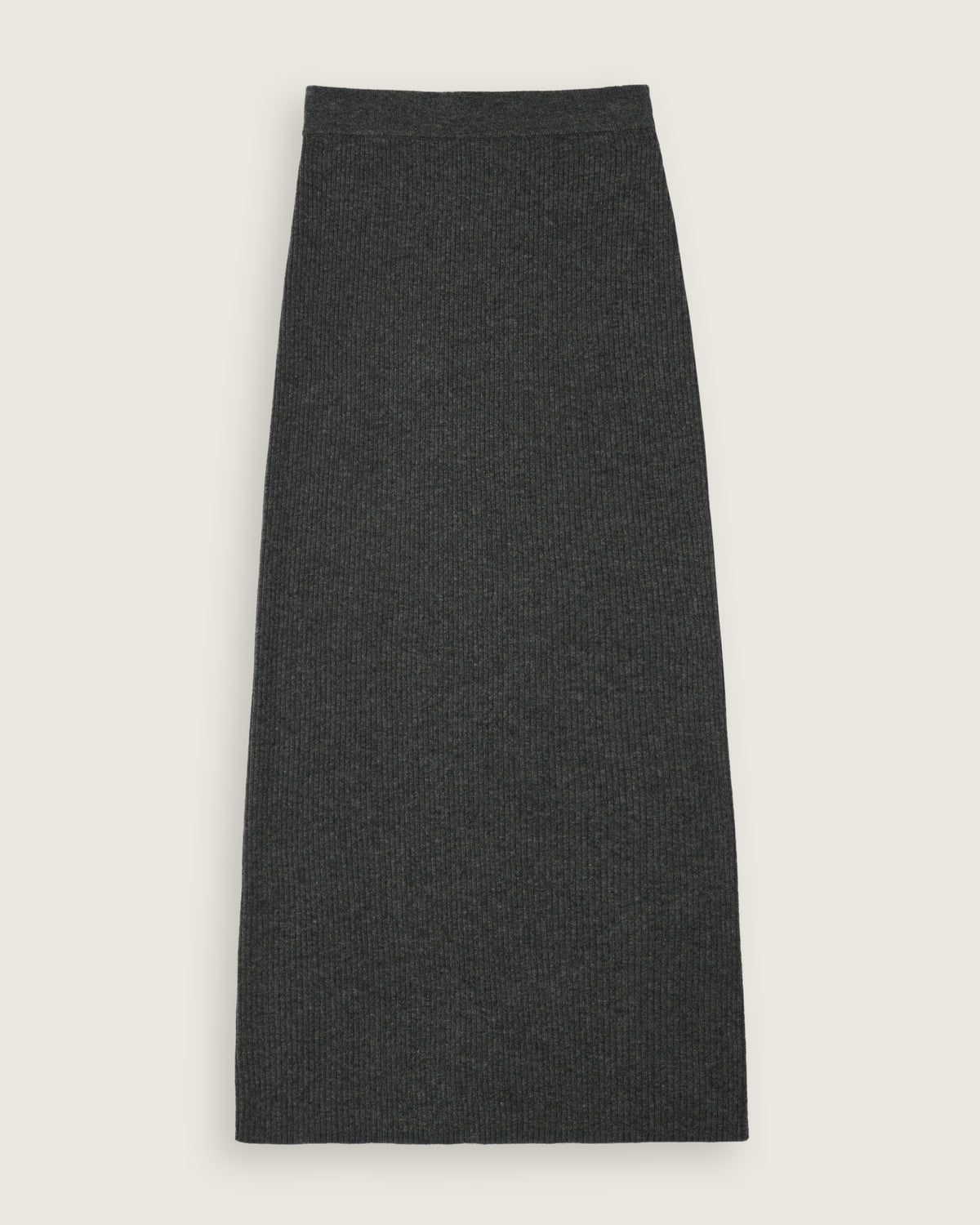 flat lay of the charcoal grey ribbed column midi skirt