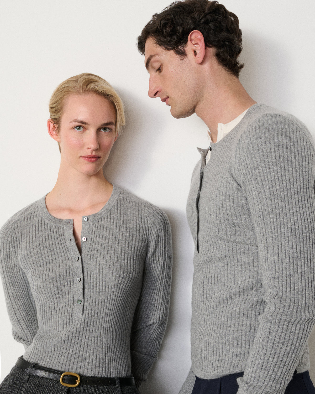 man and woman together wearing the ribbed henley