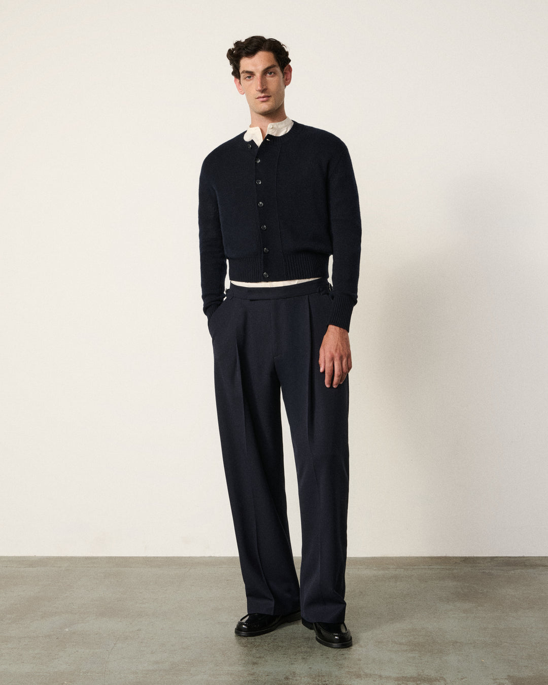 man wearing the midnight navy cropped cardigan