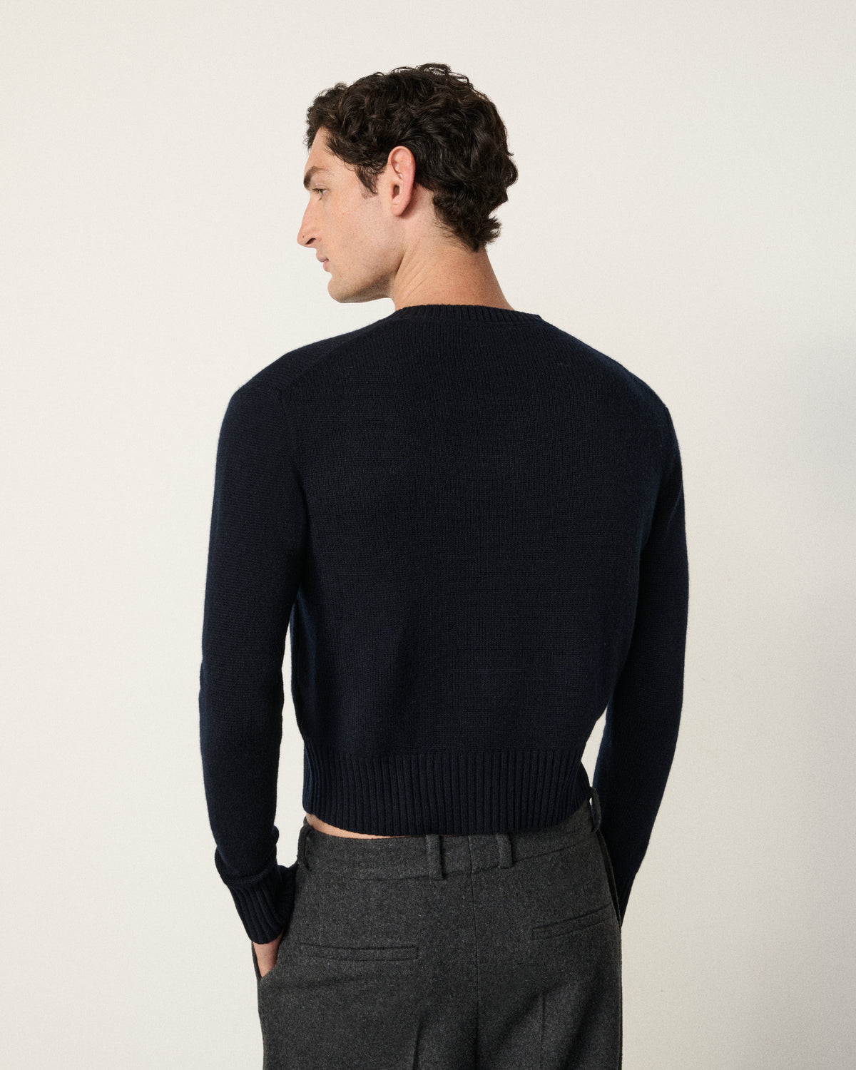 man back view, midnight navy cropped sweater