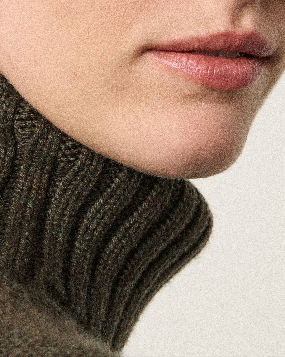 close-up of a woman's chin and the olive turtle neck sweater collar