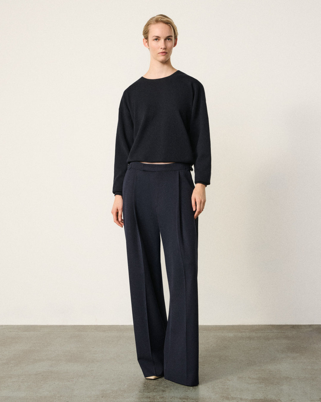 woman wearing the indigo milano knitted sweatshirt