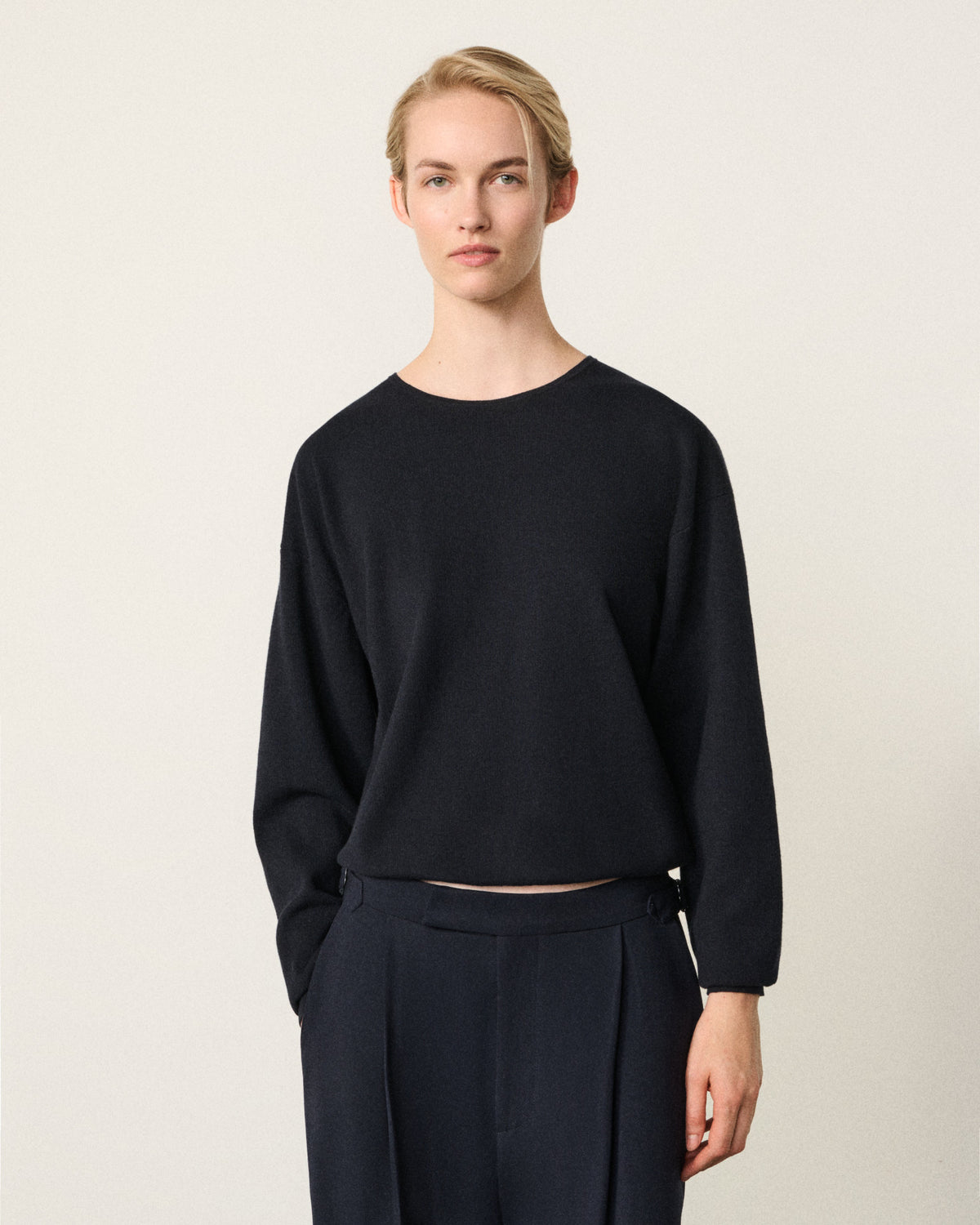 woman wearing the indigo milano knitted sweatshirt