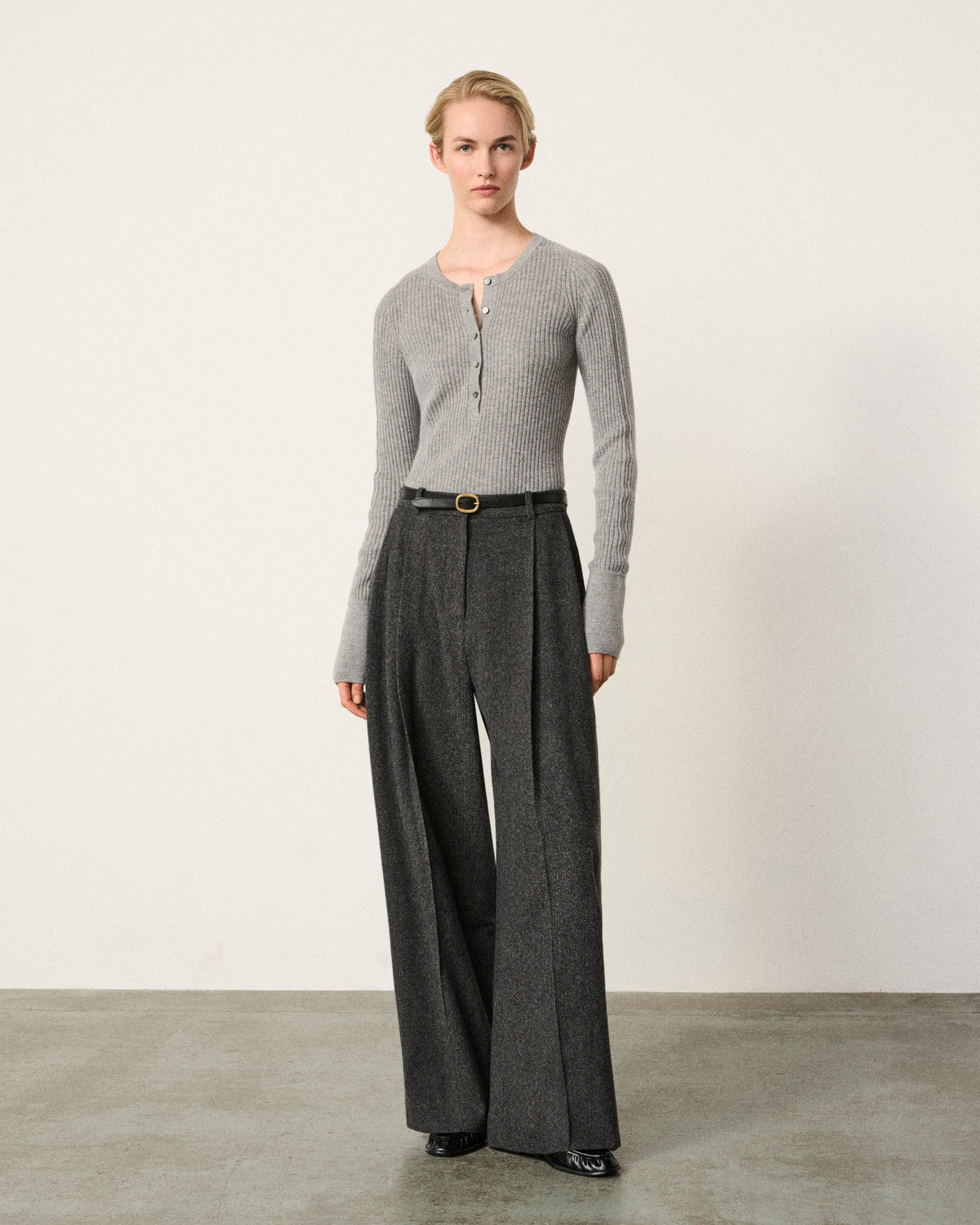 woman full body front, light grey ribbed henley