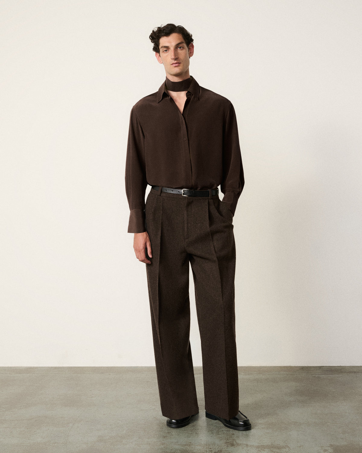 man full body front, rich chocolate washed silk shirt