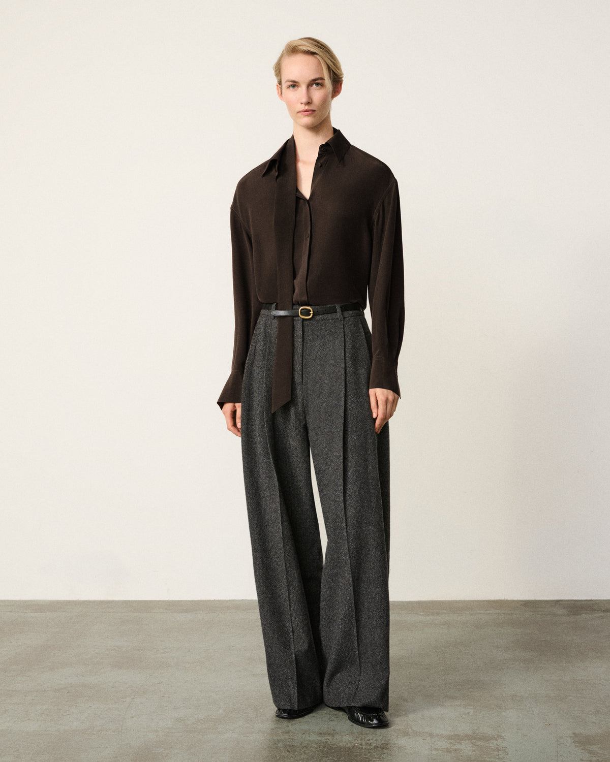 woman full body front, chocolate washed silk shirt