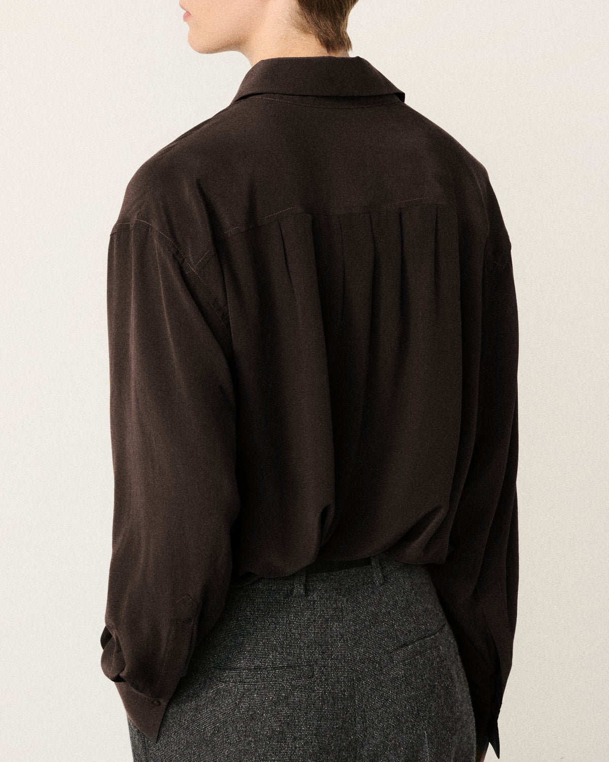 woman back view close-up, chocolate silk shirt