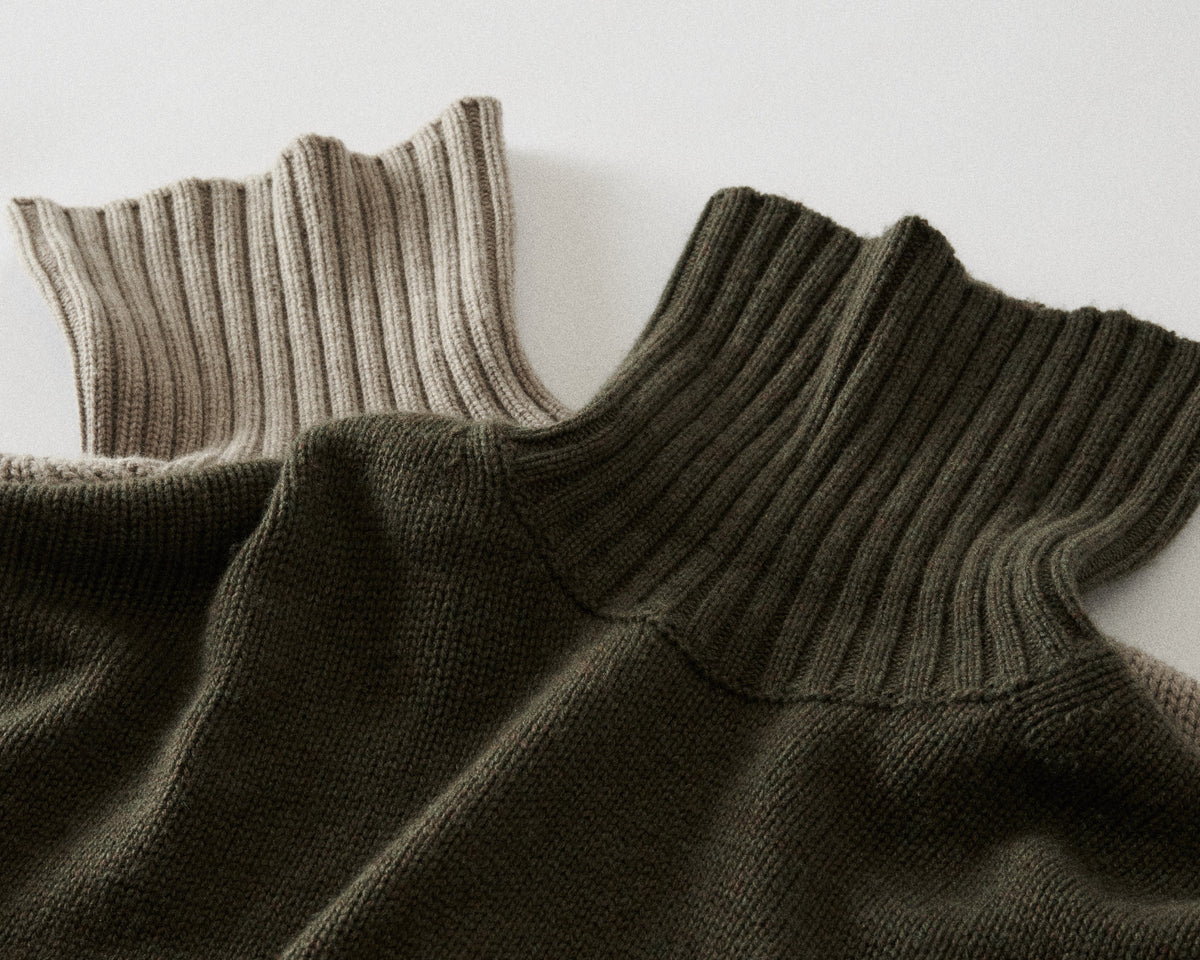 Shared: flat lay of olive and taupe turtle neck collars overlapping