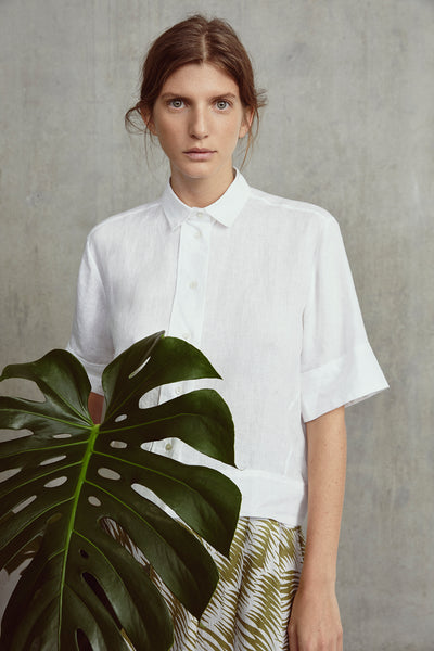 White Stella Boxy Button Linen Through Shirt