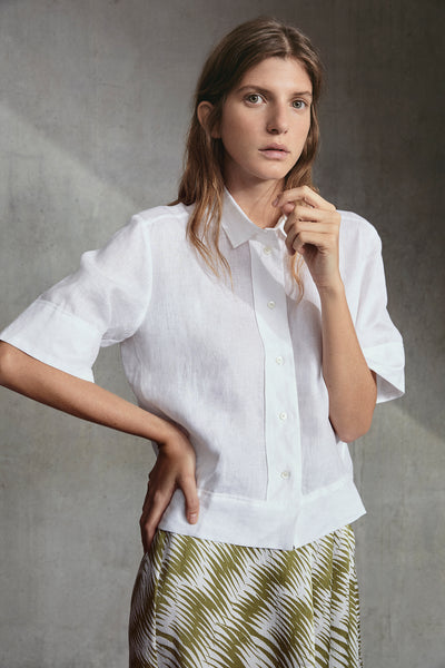 White Stella Boxy Button Linen Through Shirt