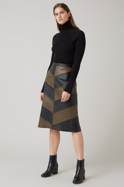 Black Mari Leather Chevron Skirt