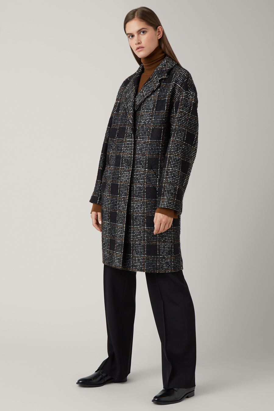 Black/Nutmeg Mona Wool Check Coat