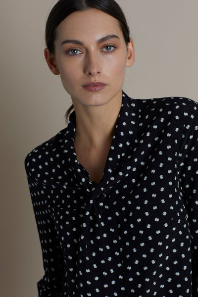 Black/Cream Gina Spot Scarf Neck Silk Blouse